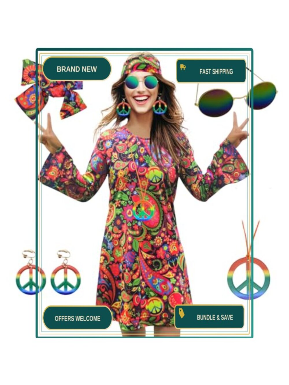 70s Hippie Disco Dress Costume Set Polyester Spandex Halloween Party